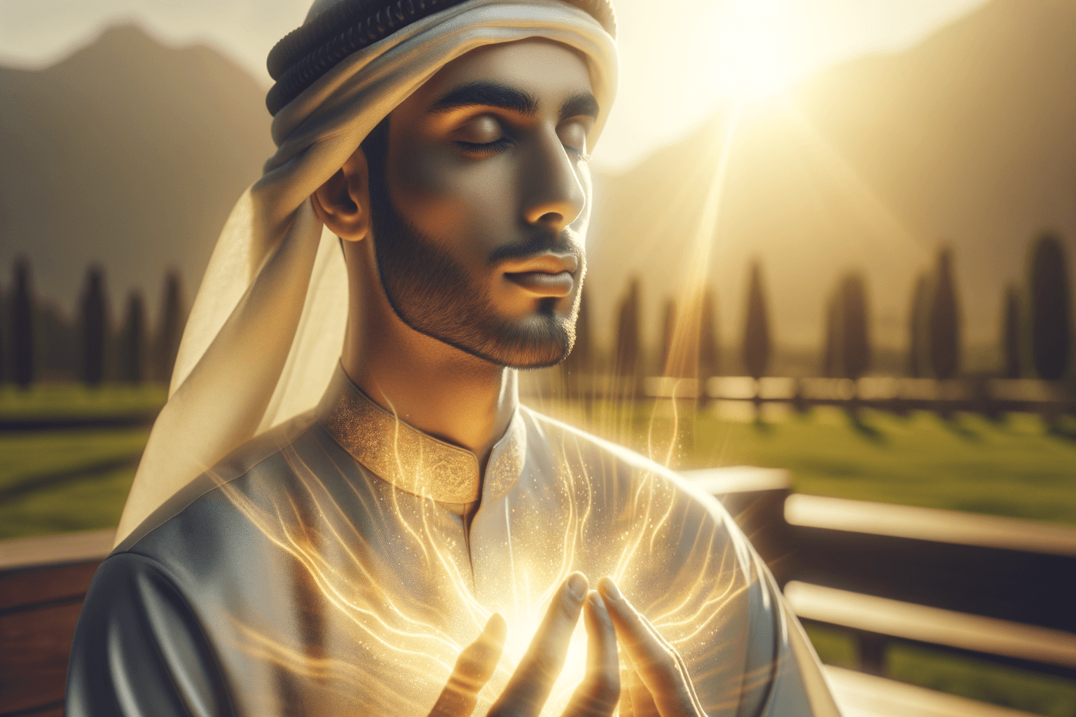 Person in focused meditation with golden light radiating outward representing concentrated intention