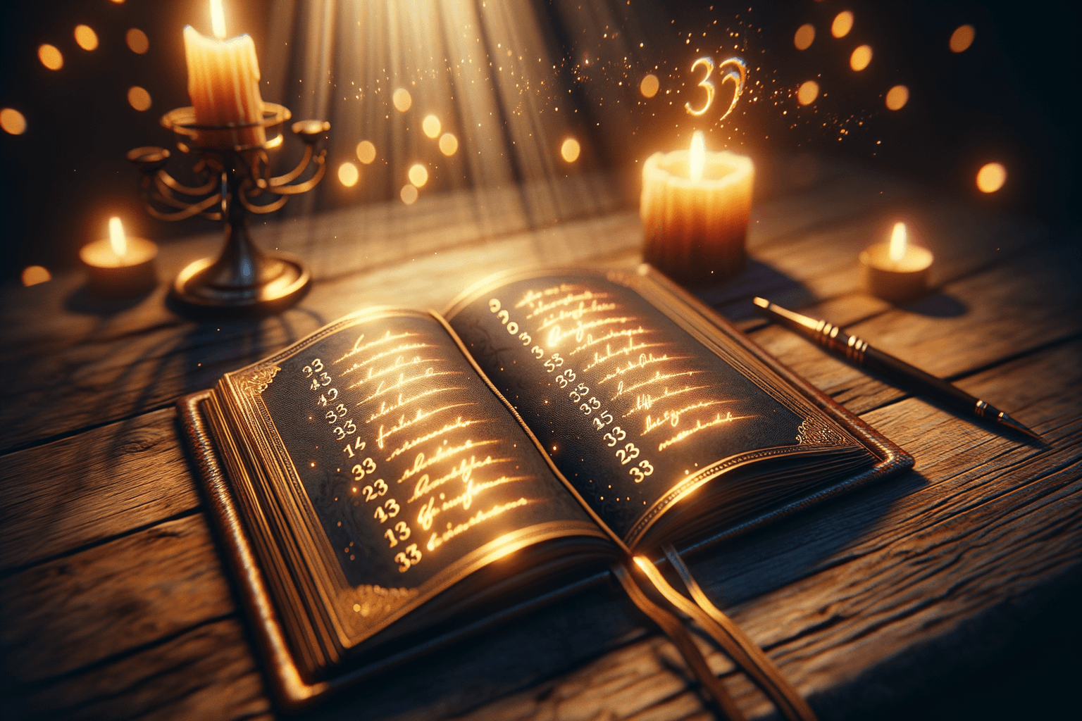 Open journal with 33 glowing handwritten affirmations in warm golden light