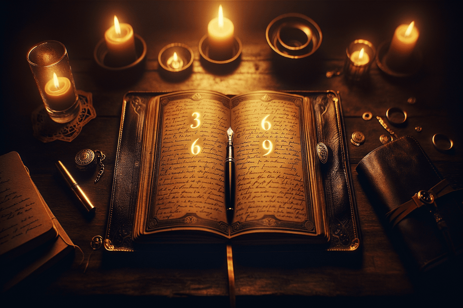 Open journal with 3-6-9 glowing sections of golden handwriting and a fountain pen