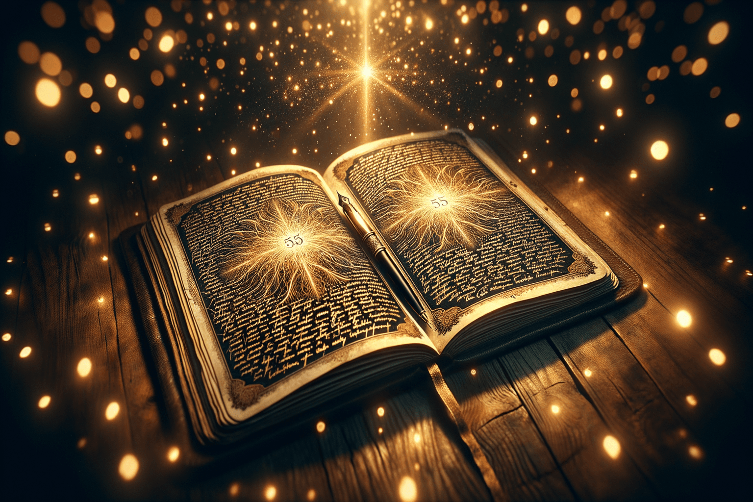 Dense journal pages filled with 55 glowing affirmations and a fountain pen