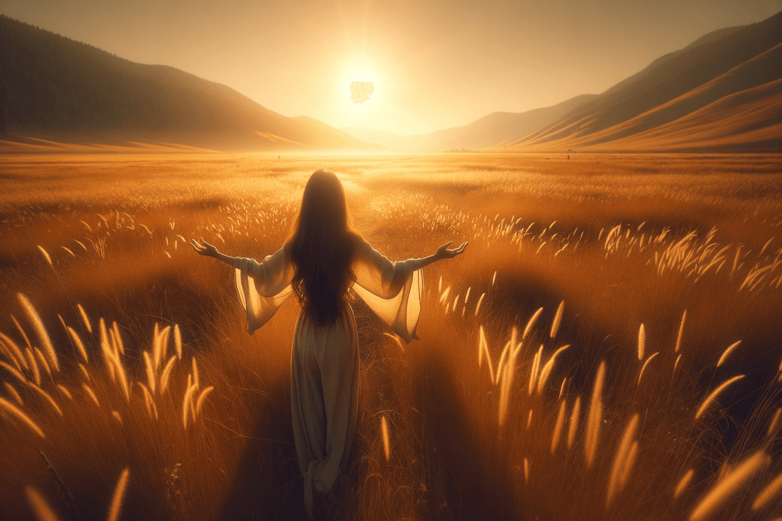 Person standing in a vast golden landscape with arms open, radiating abundance and possibility
