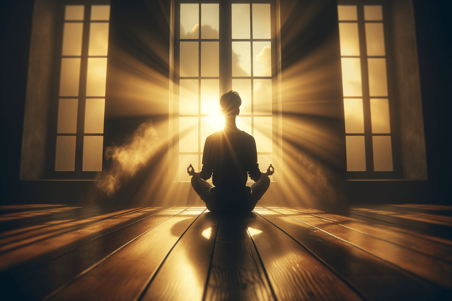 Person meditating in golden morning light as dark fog dissolves around them