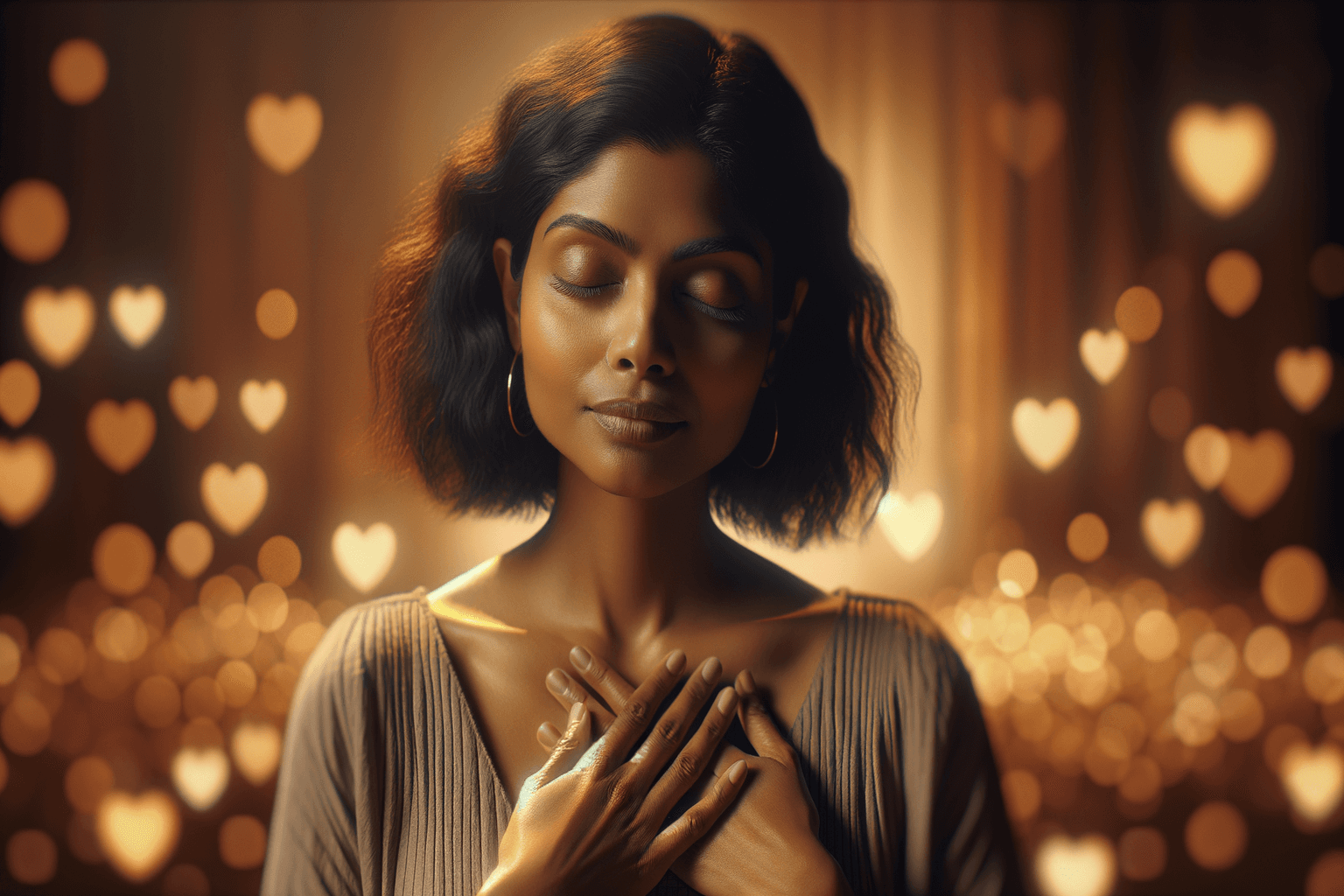 Person with hands over heart surrounded by soft golden light representing deep self-love