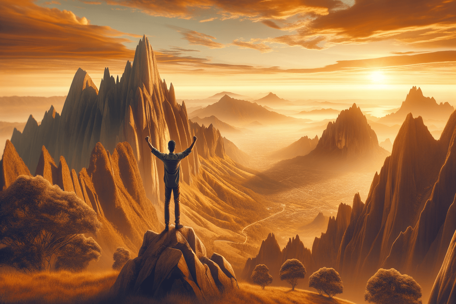 Person at the summit of a mountain at golden hour, arms raised in achievement and confidence
