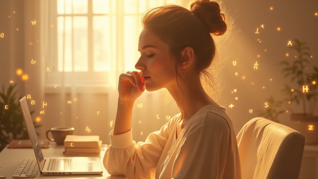 Woman at a desk surrounded by glowing floating letters from multiple language scripts in warm golden light