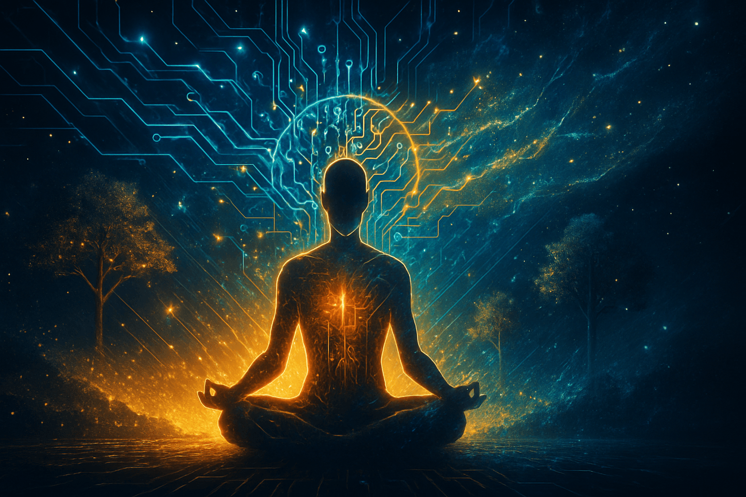 Futuristic visualization of AI and human consciousness merging