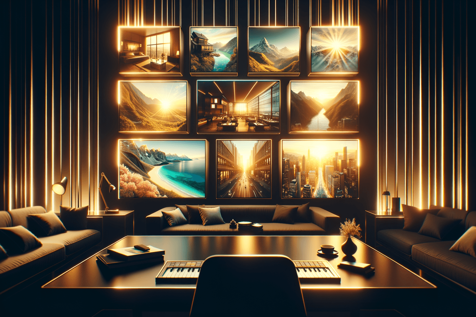 Floating glowing digital frames showing aspirational scenes in warm golden light