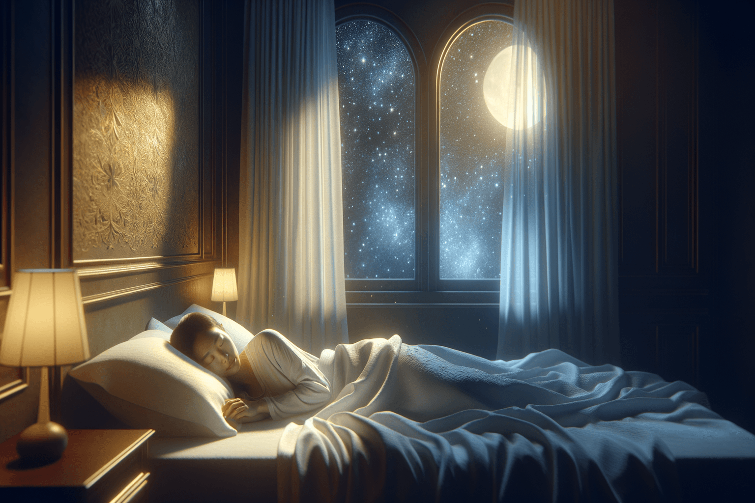 Person lying peacefully in soft moonlit bedroom surrounded by gentle golden light representing restful reprogramming