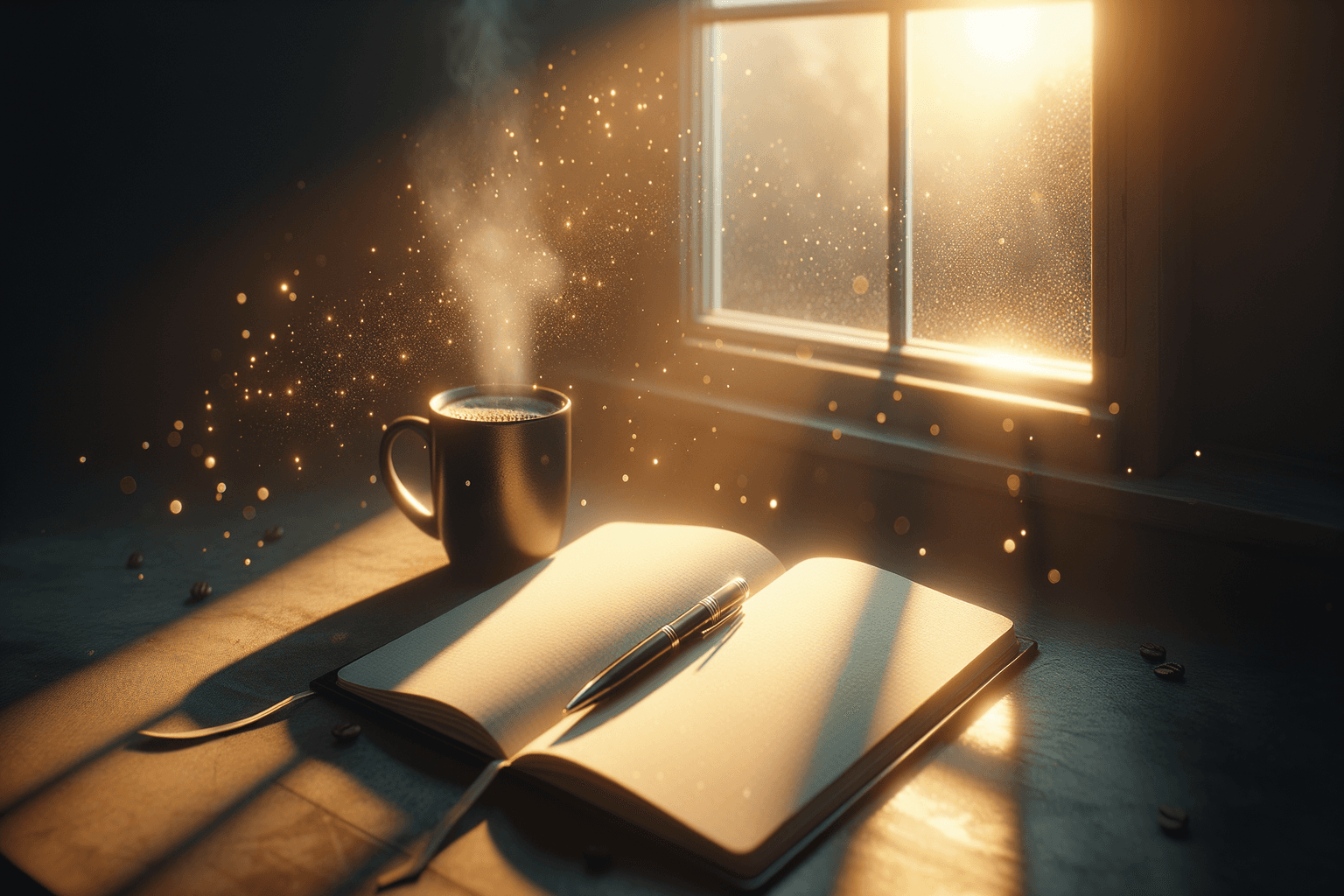 Serene morning scene with a journal, affirmations glowing on the page in golden light