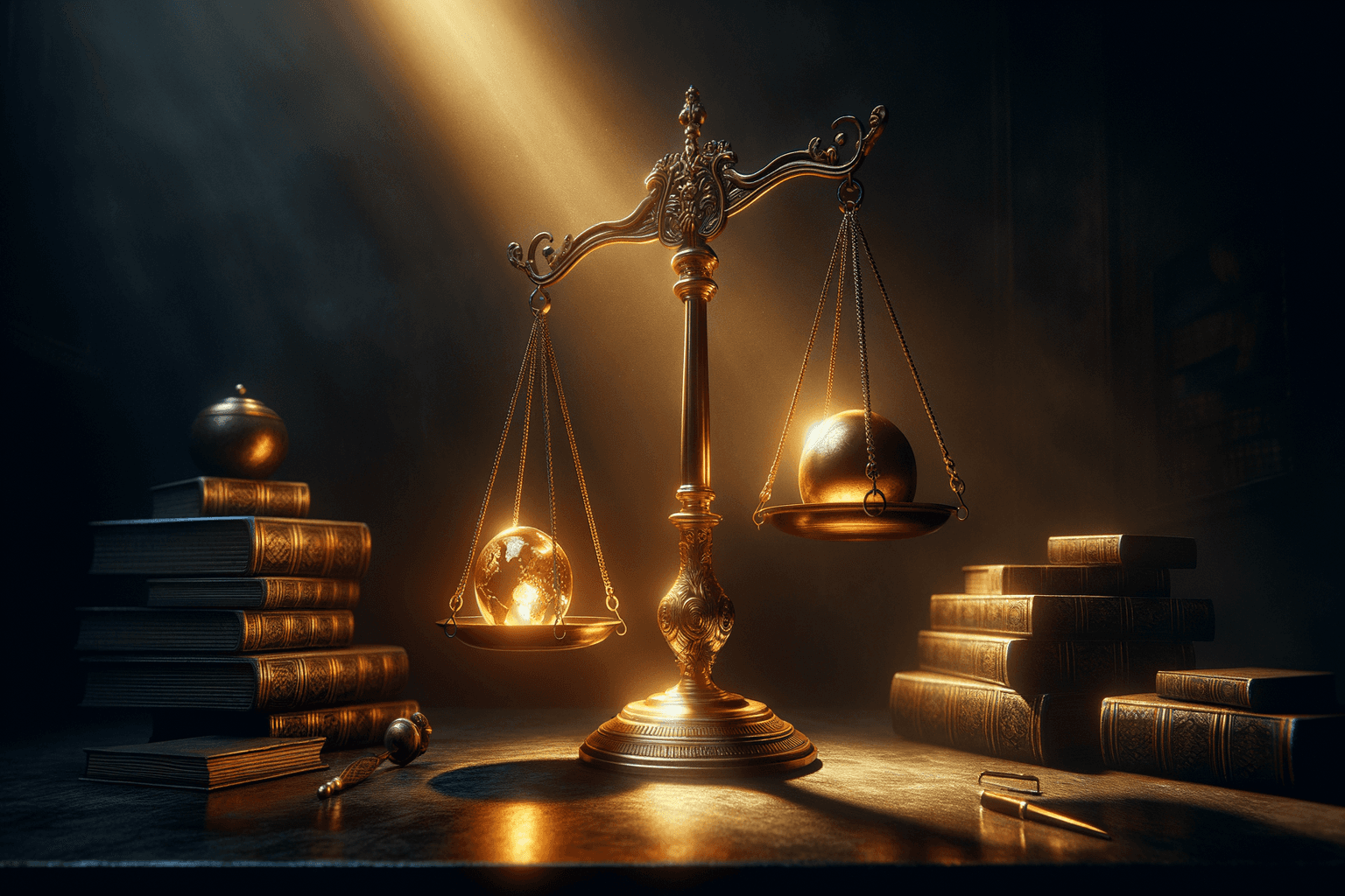Antique brass balance scale perfectly balanced in a single shaft of golden light