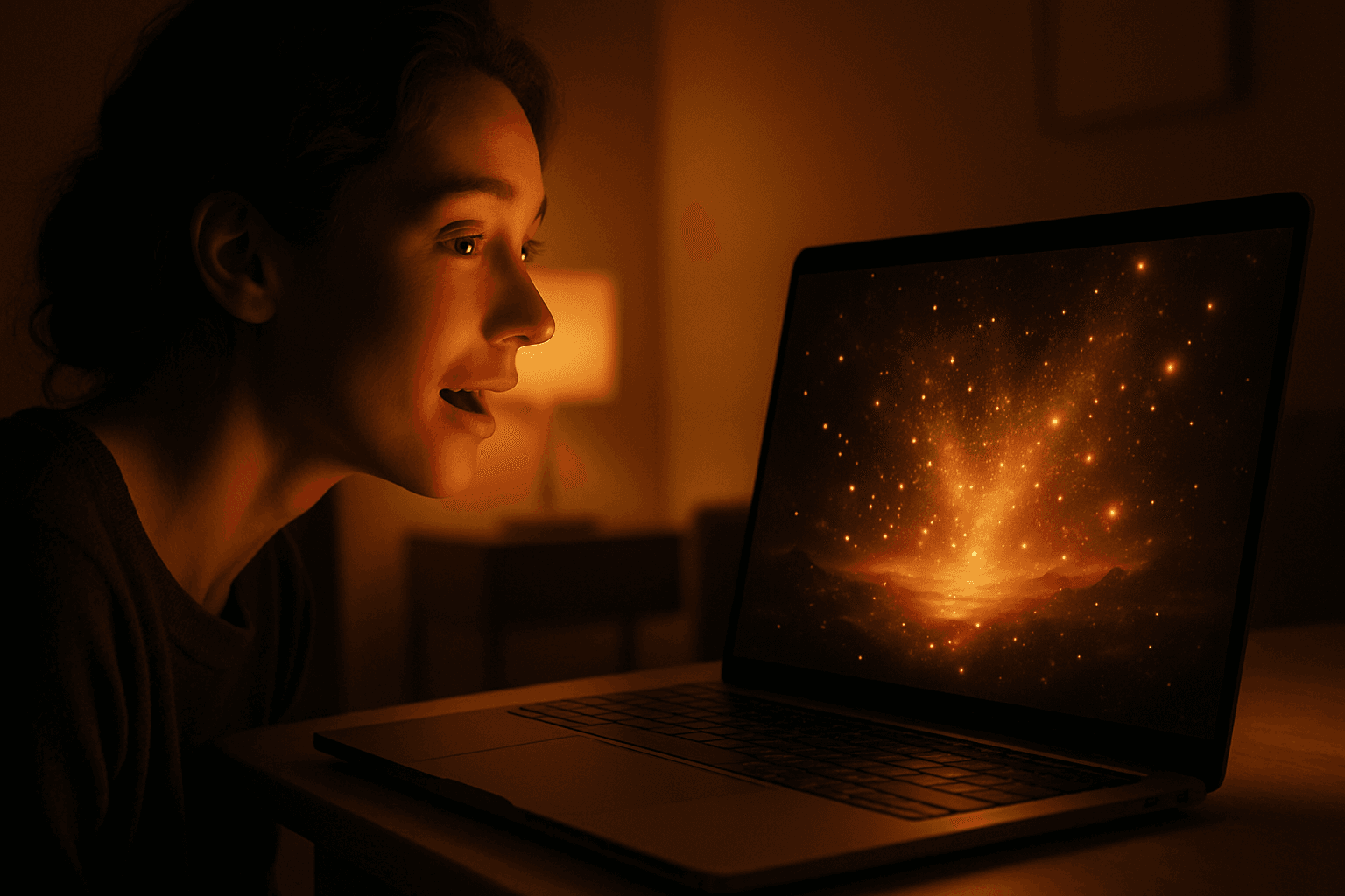 Person watching a glowing mind movie on a laptop screen with an expression of awe