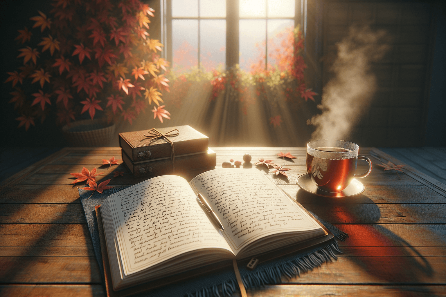 Open journal with handwritten gratitude list glowing in warm morning light beside a cup of tea
