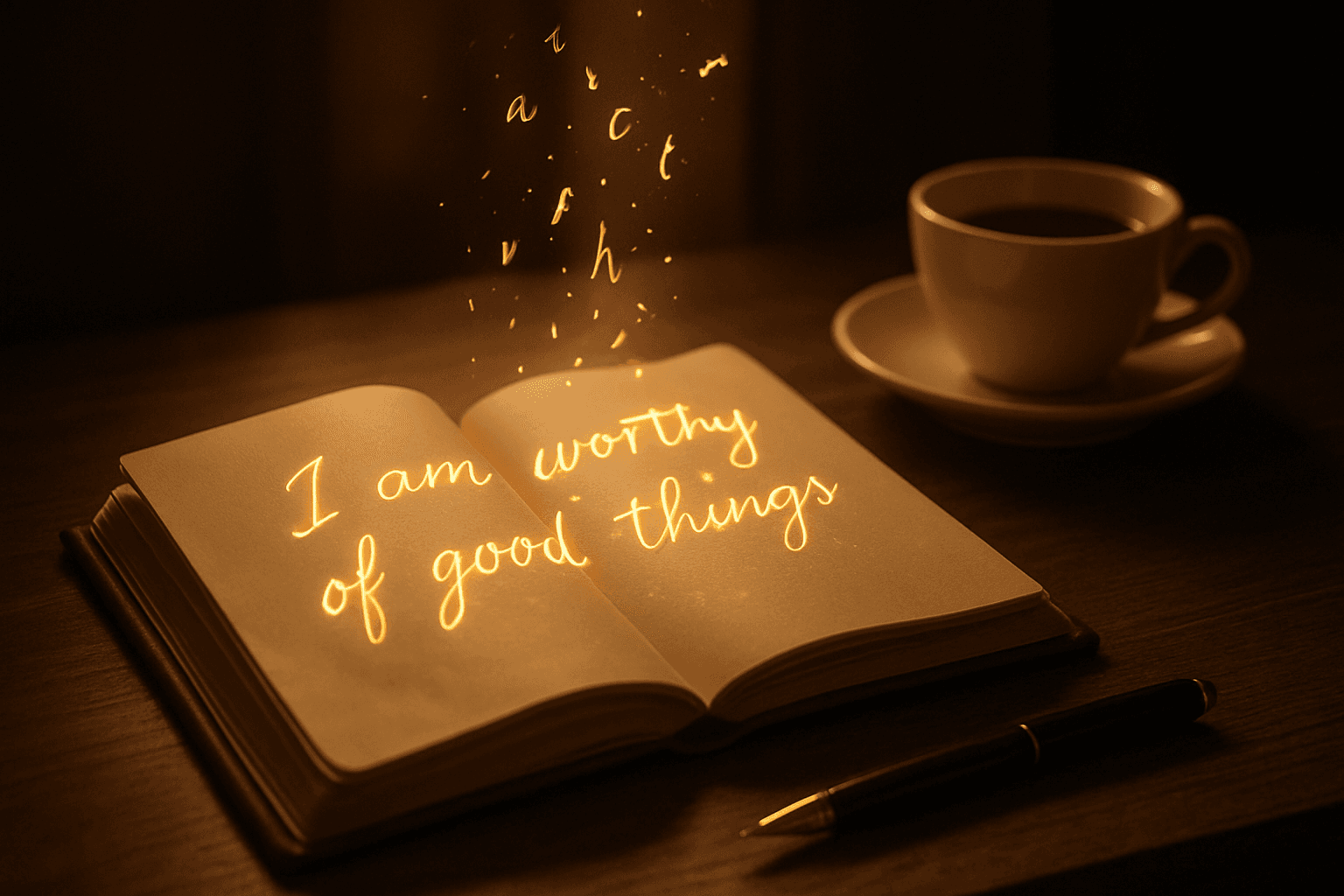 Journal open with handwritten affirmations next to a cup of coffee