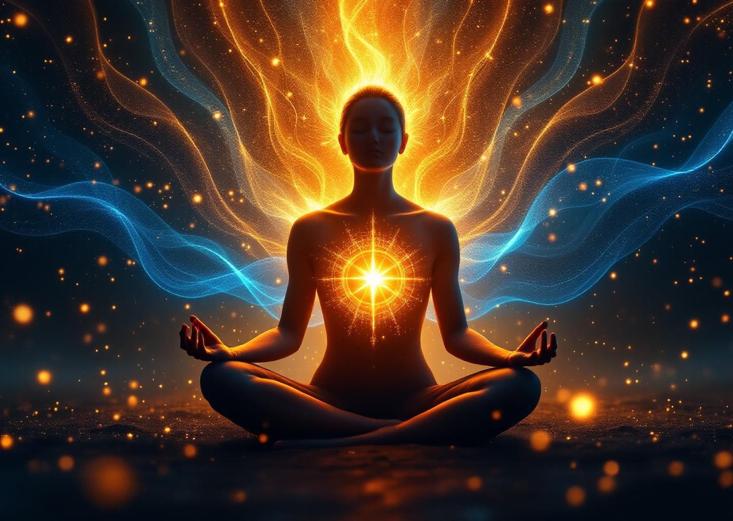 Person in deep meditation with glowing energy visualization around their body