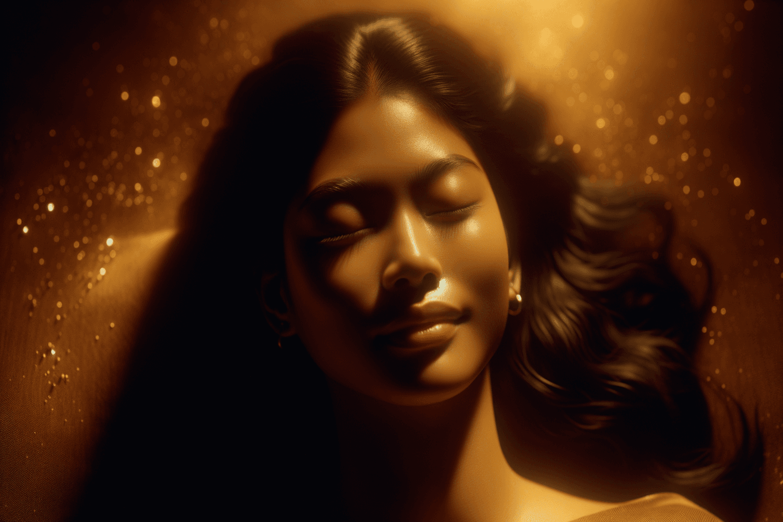 Person resting in peaceful state surrounded by golden light as desires materialize around them