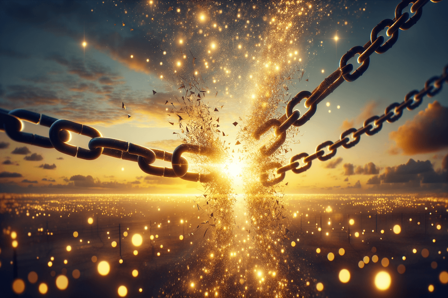 Broken chain dissolving into golden light representing freedom from limiting beliefs