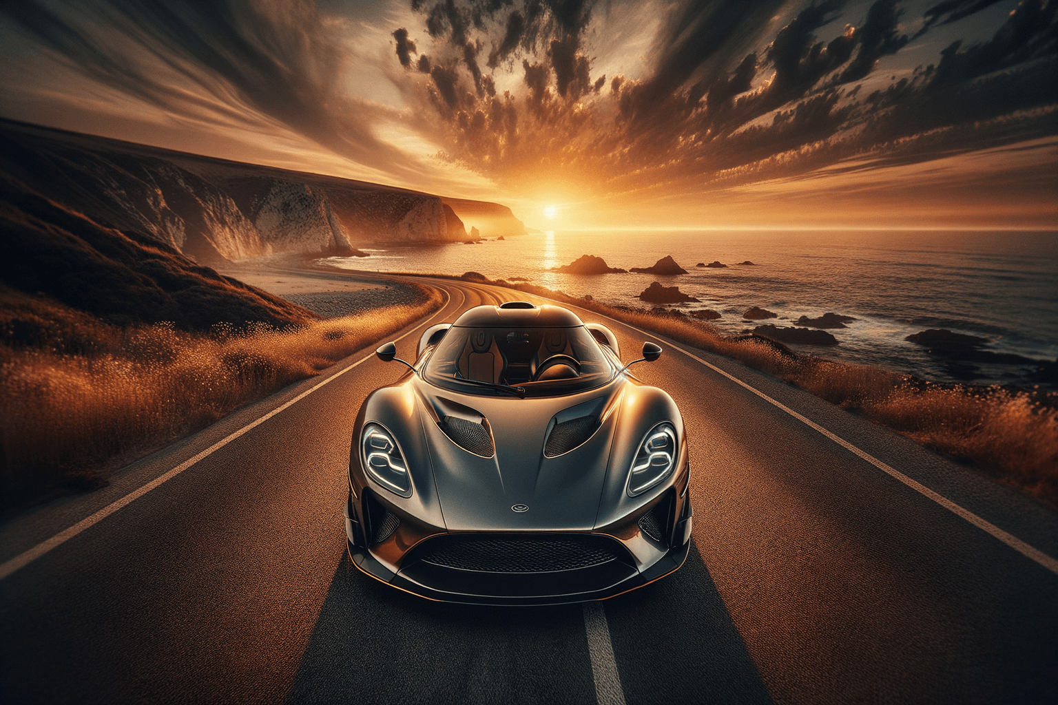 Dream car gleaming in golden sunset light on an open road representing manifested desire