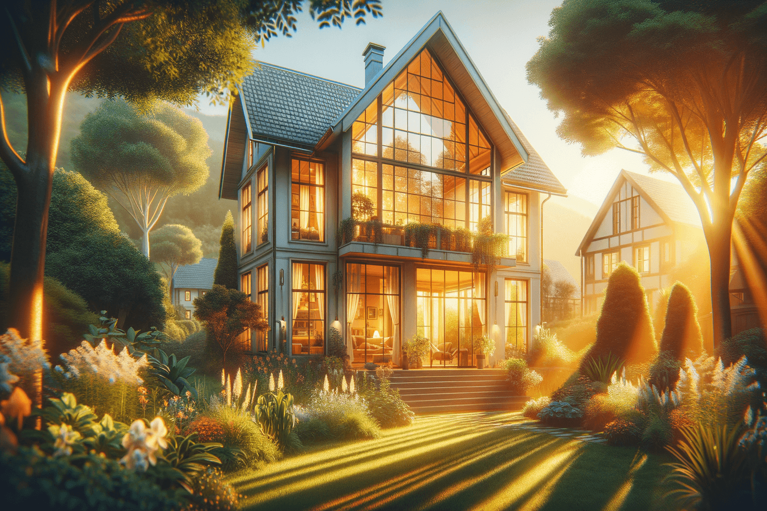 Beautiful dream home bathed in warm golden morning light surrounded by lush landscaping