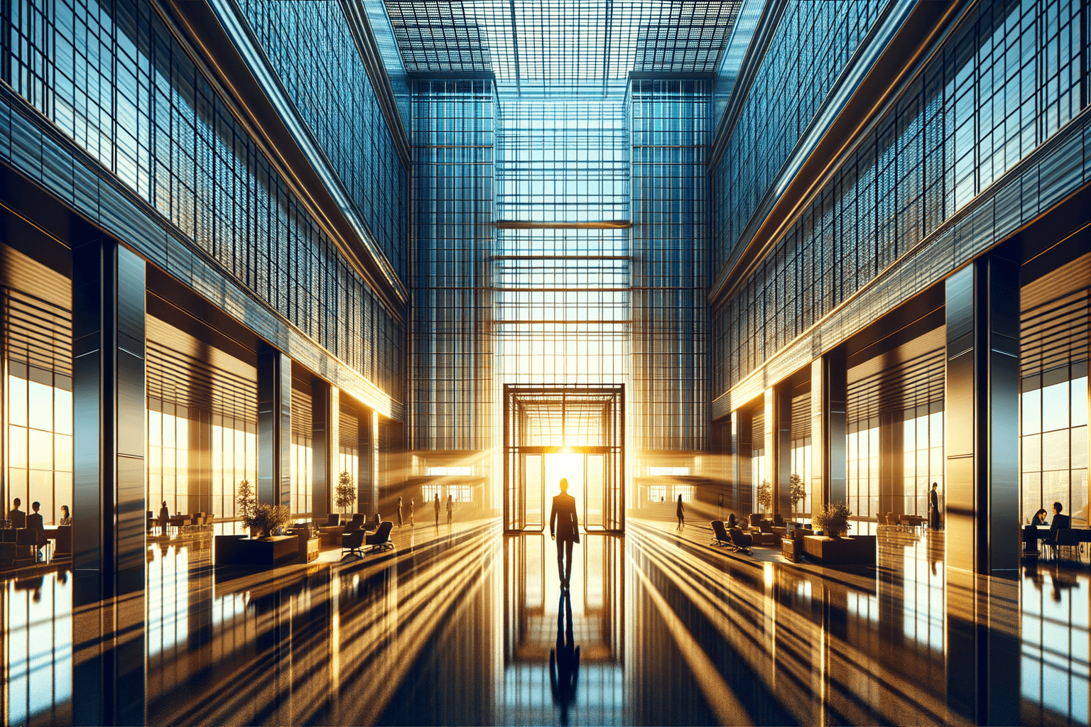 Confident silhouette stepping through a glass office door into golden morning light