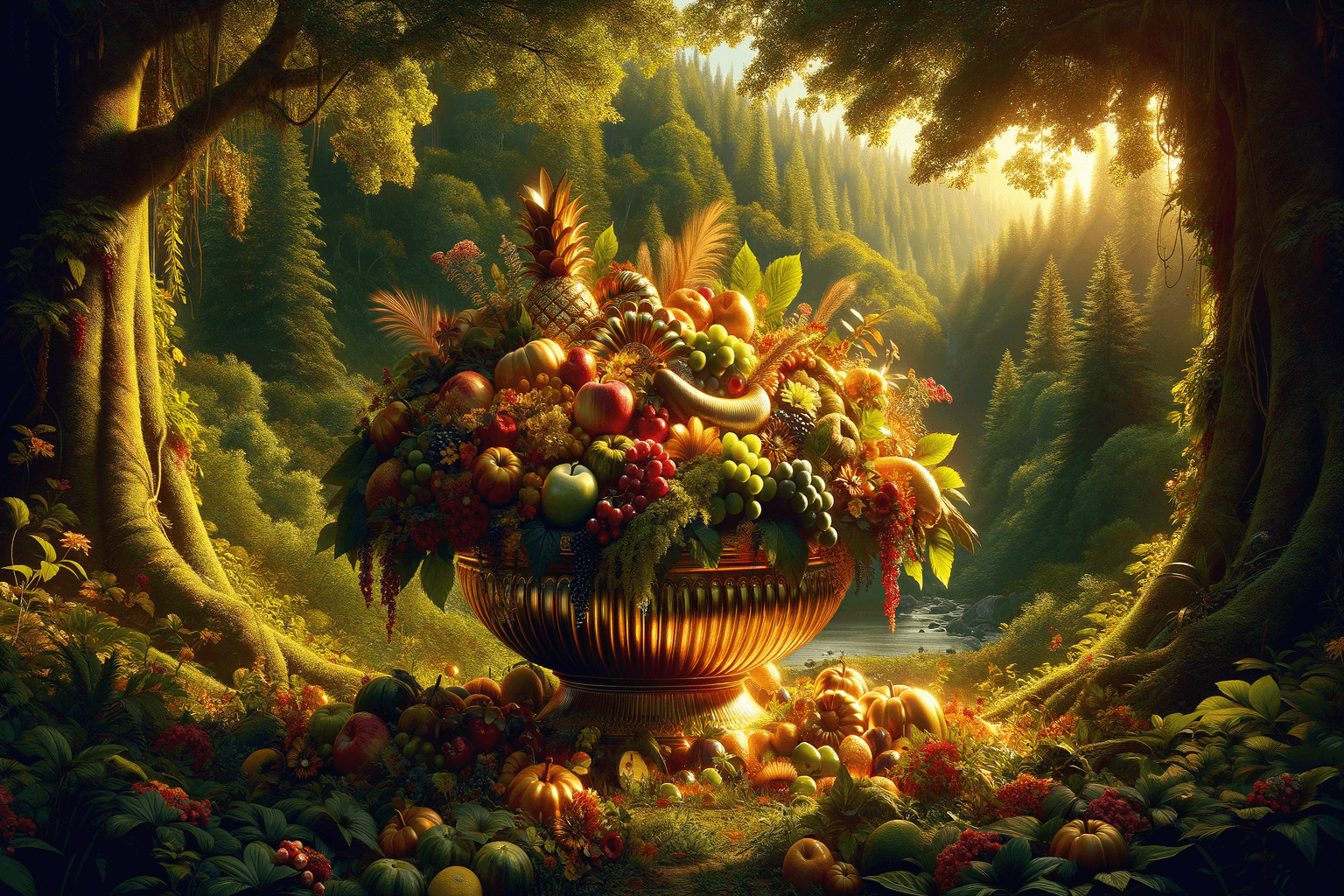Overflowing golden light and lush natural abundance representing prosperity and receptivity