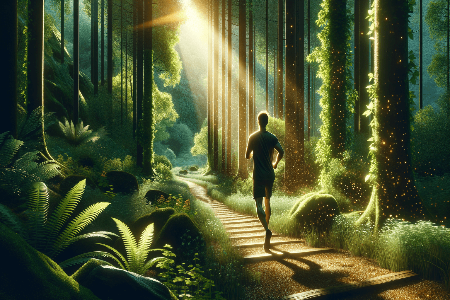 Person in radiant health walking through a sunlit nature path surrounded by vibrant green life
