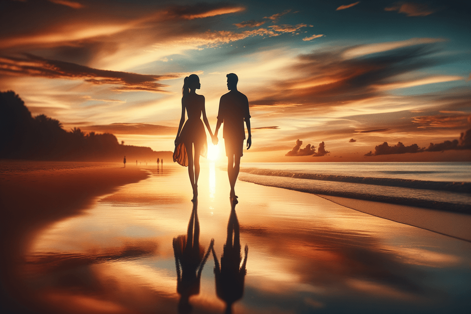 Two silhouettes walking hand in hand toward a golden sunset horizon