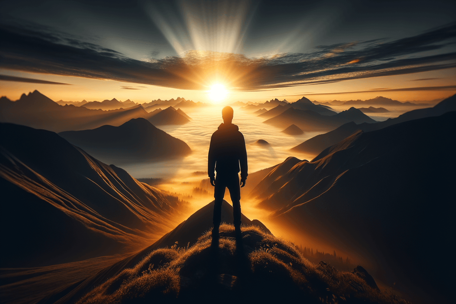 Lone figure silhouetted against a breathtaking golden dawn over misty mountain peaks