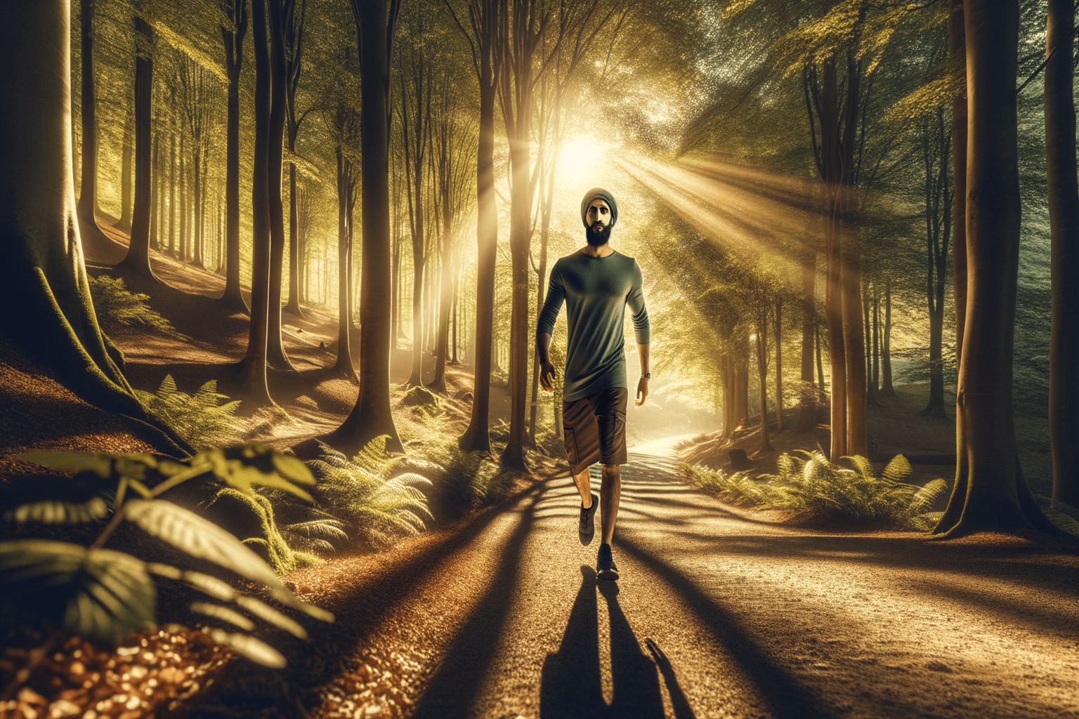 Person walking confidently on a sunlit path surrounded by golden light representing body transformation
