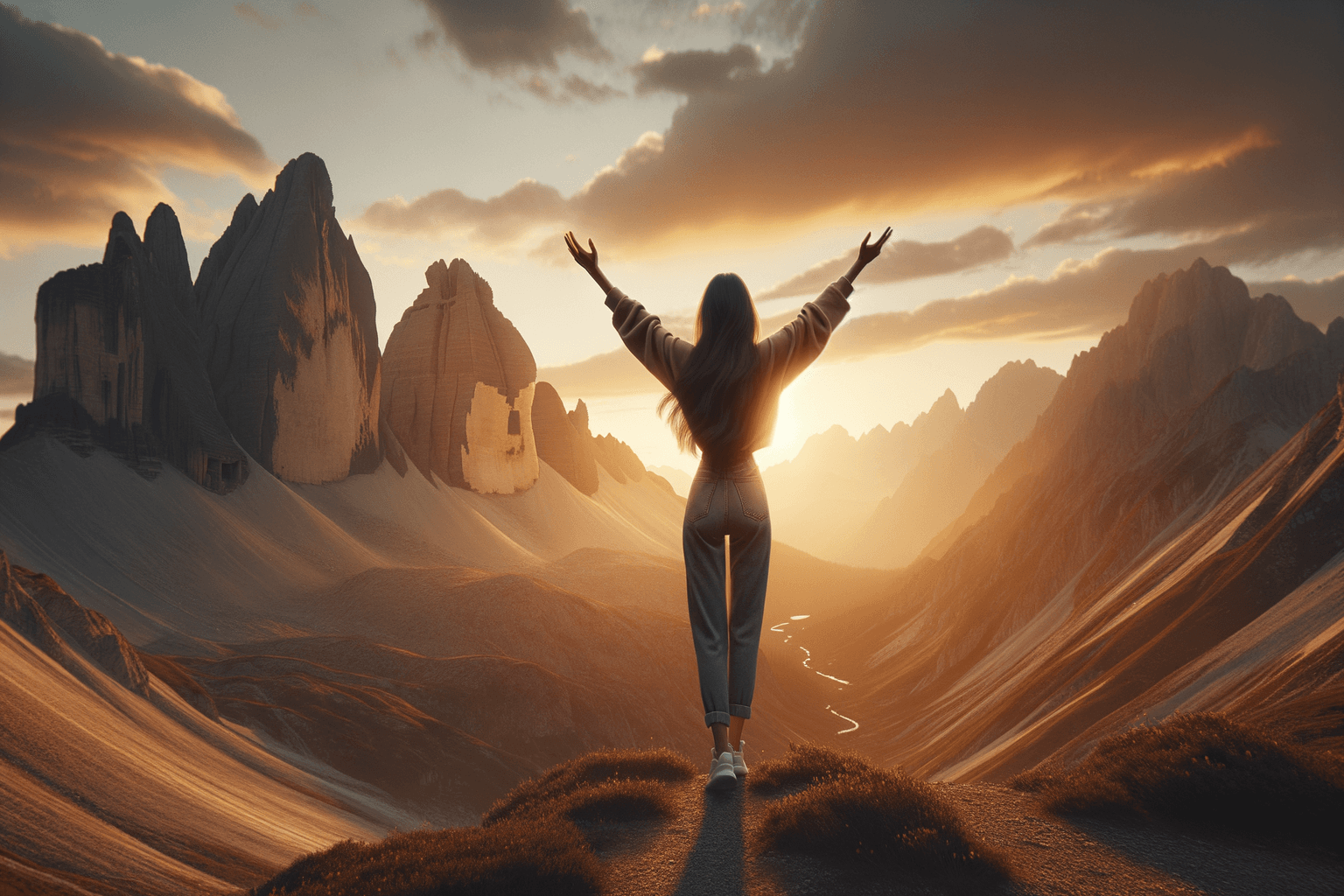 Person standing joyfully in a breathtaking golden landscape representing their fully realized dream life