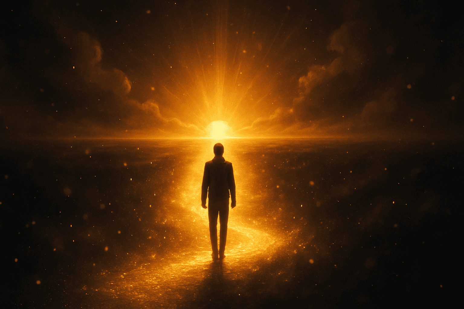 Person taking first steps on a glowing golden path toward a bright horizon