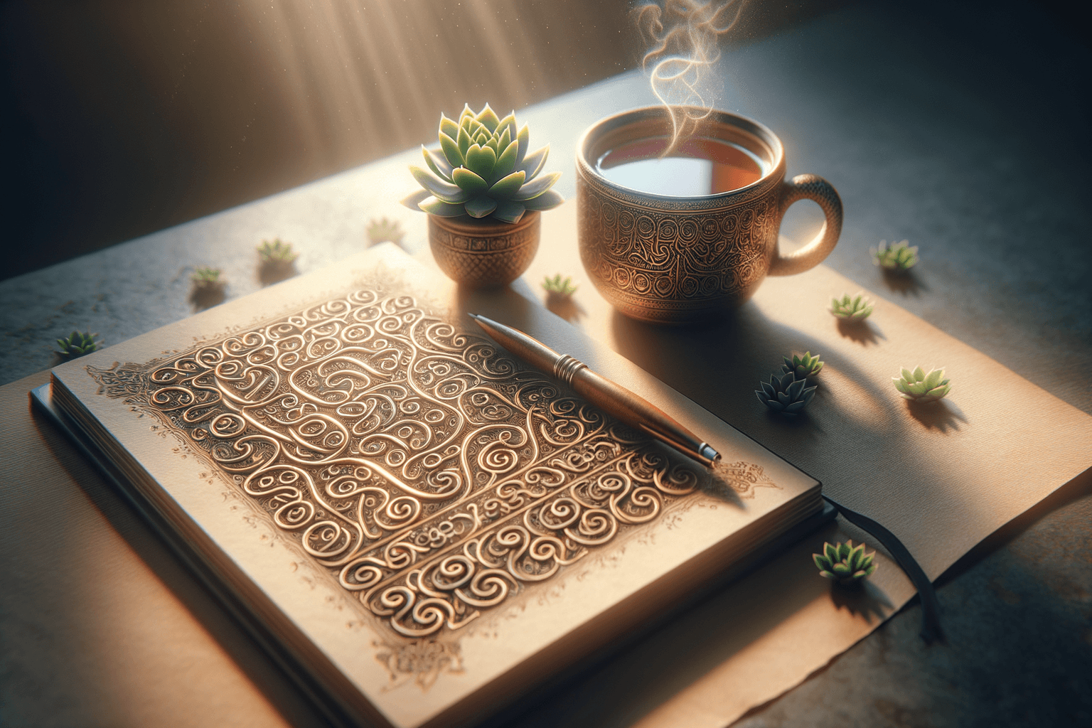 Beautiful open journal with handwritten intentions and affirmations glowing in soft morning light