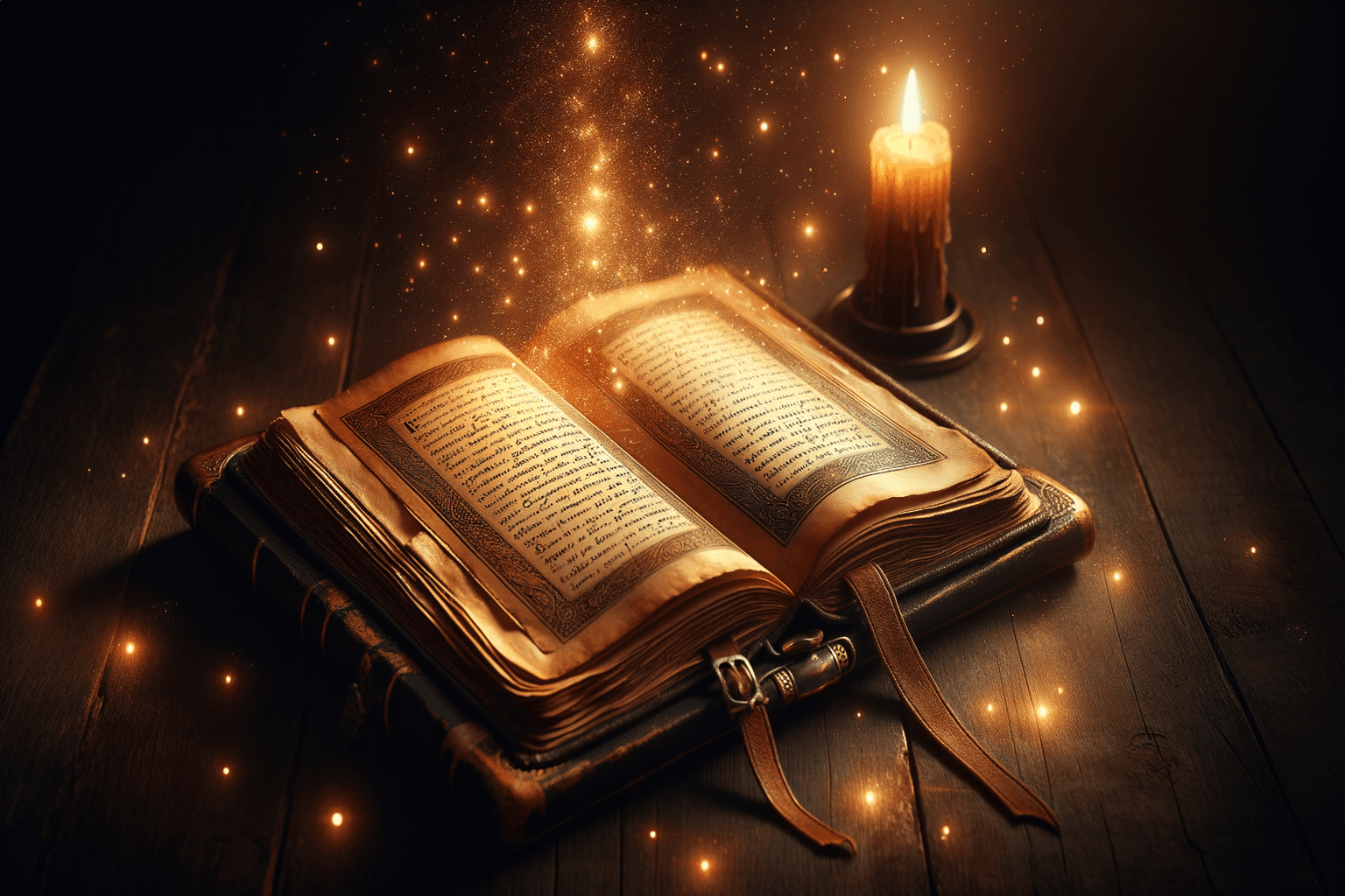 Open book with glowing golden text beside candle light representing wisdom and inspiration