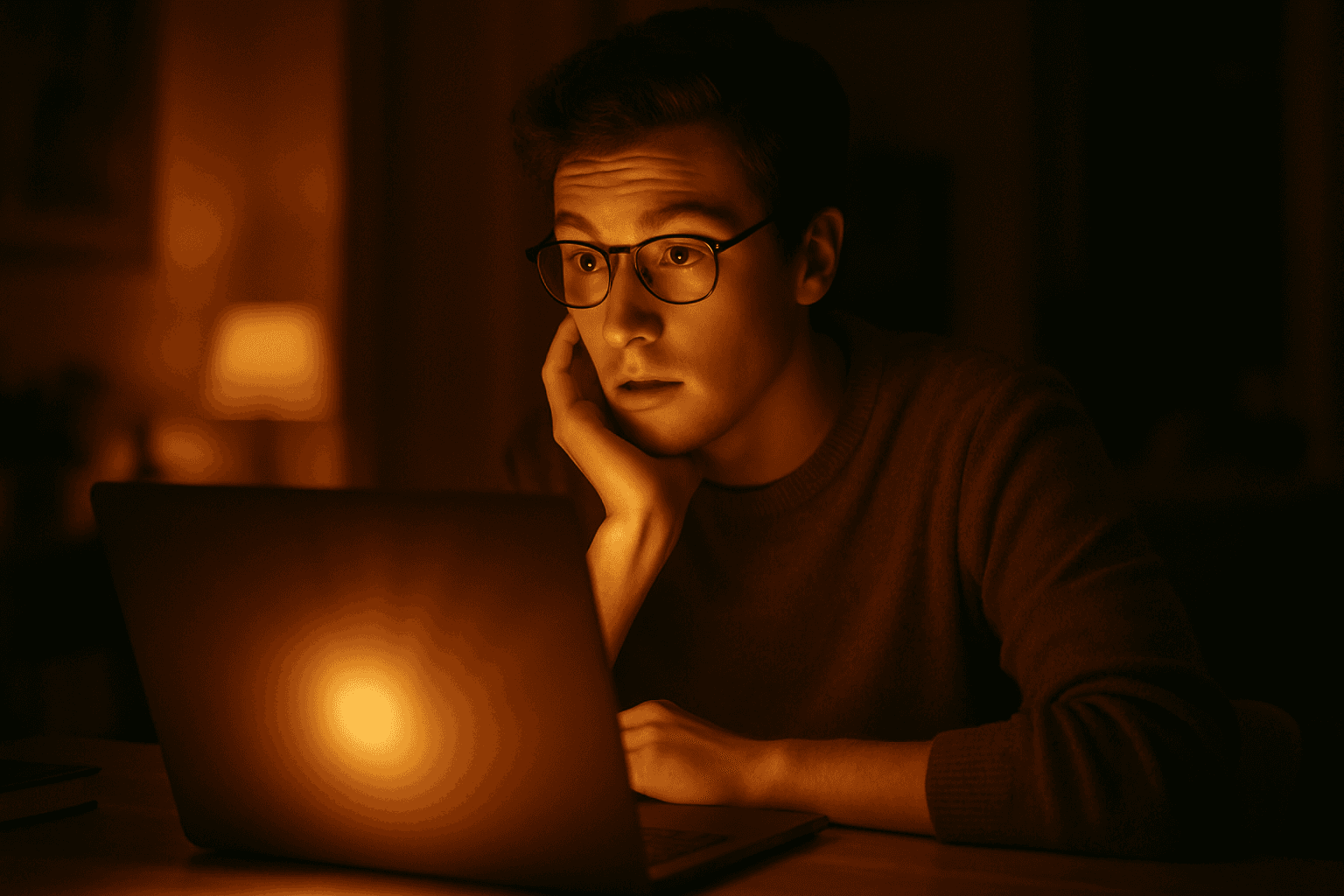 Person sitting at a desk with a laptop, looking surprised and thoughtful while watching a mind movie