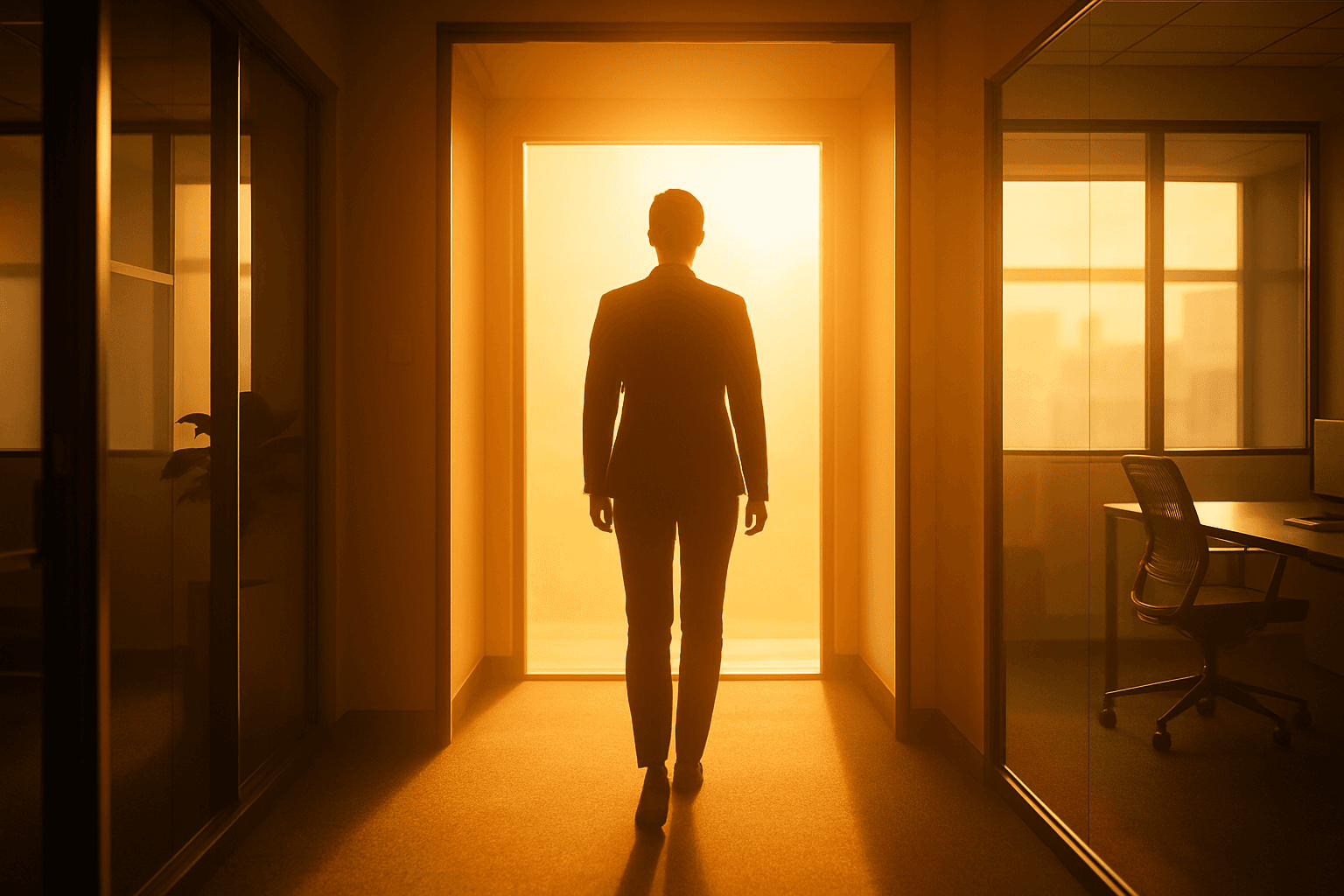 Person standing confidently in a sunlit office doorway, looking toward a bright new career ahead