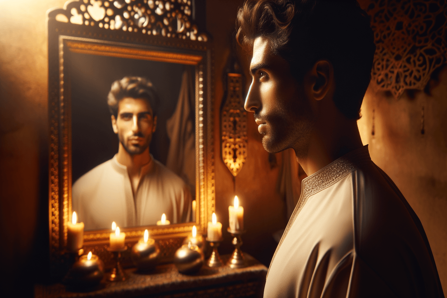 Person looking into a glowing mirror with golden warm light, expression of confidence and self-recognition