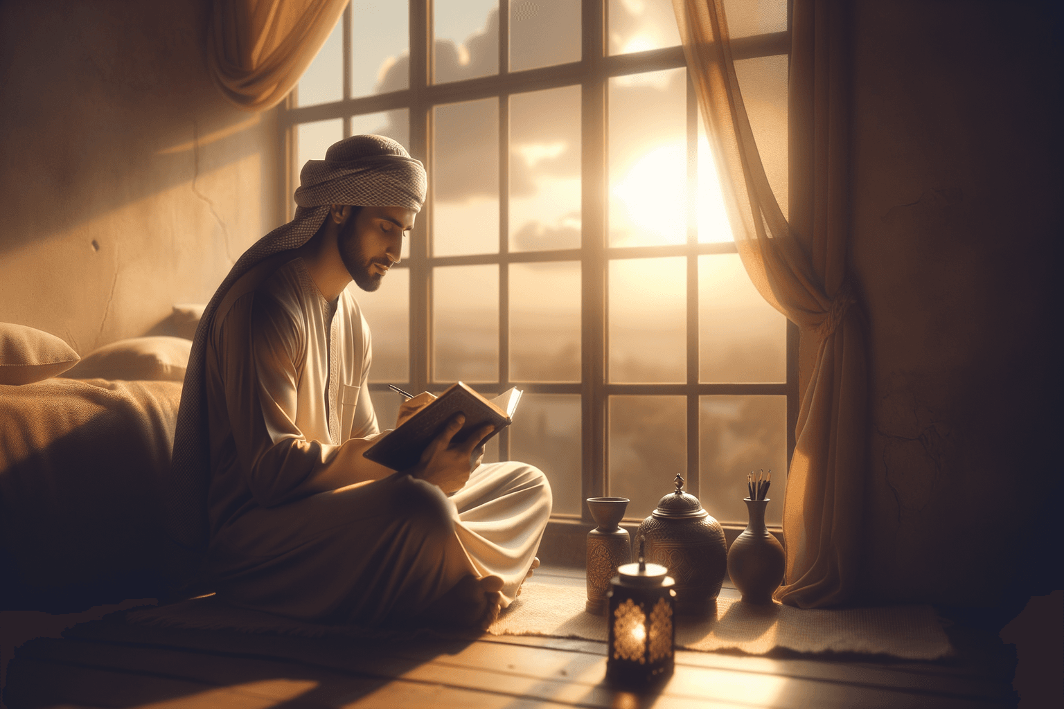 Golden sunrise over a peaceful morning scene with warm light flooding through a window