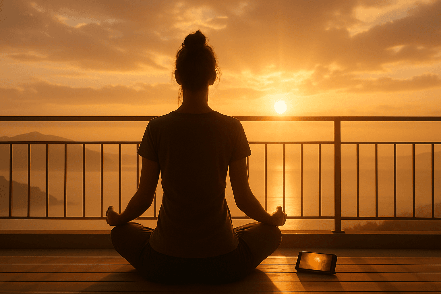 Sunrise over a peaceful morning scene with meditation cushion