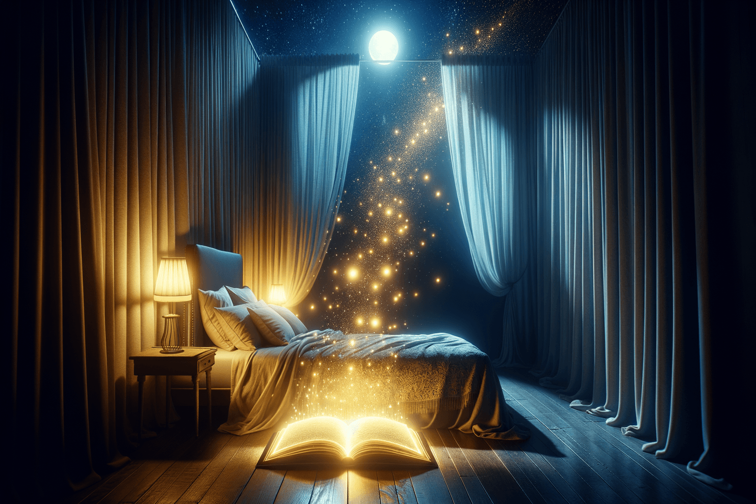 Serene bedroom at night with a glowing journal on a pillow in soft moonlight