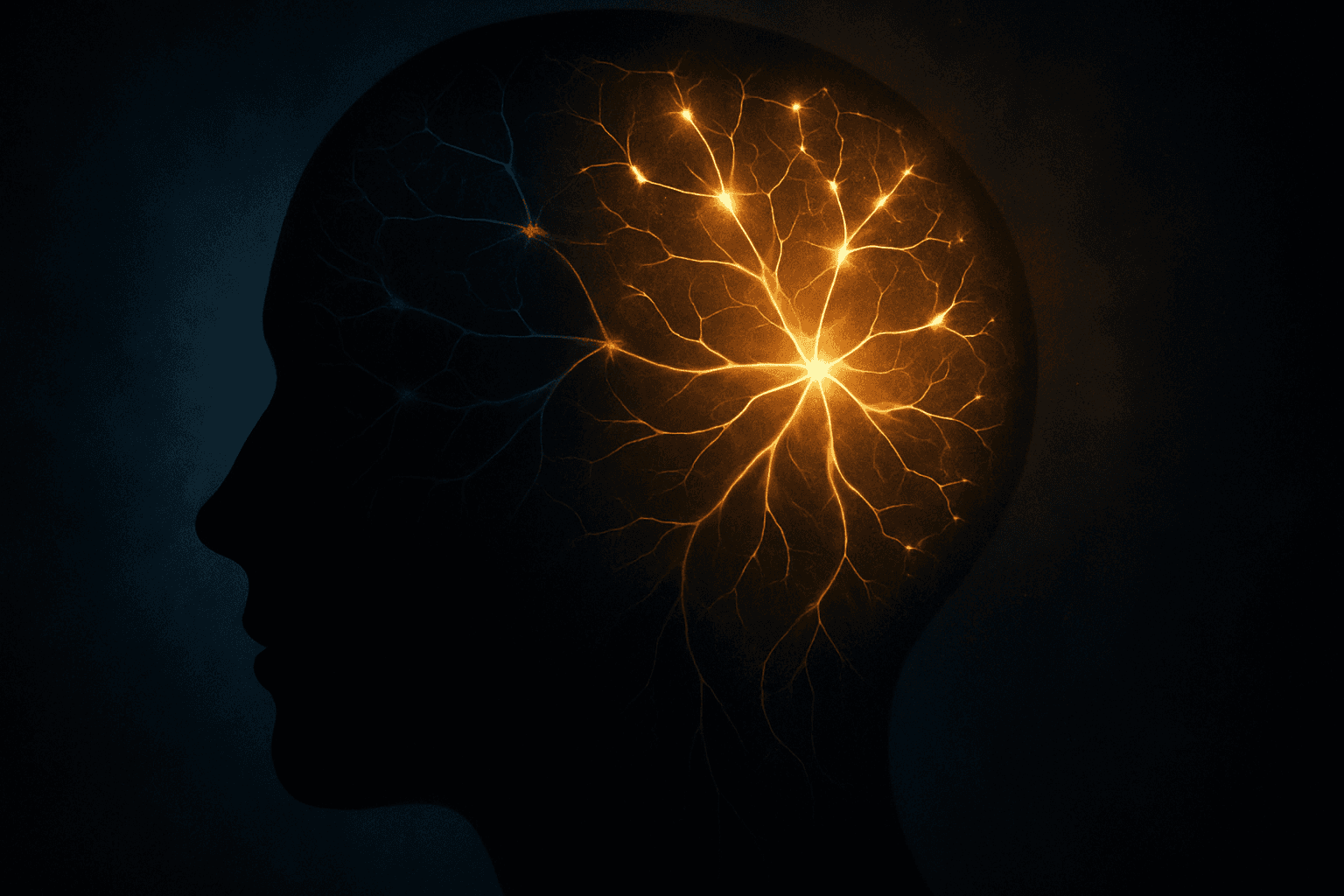Silhouette of a head with neural pathways lighting up and transforming