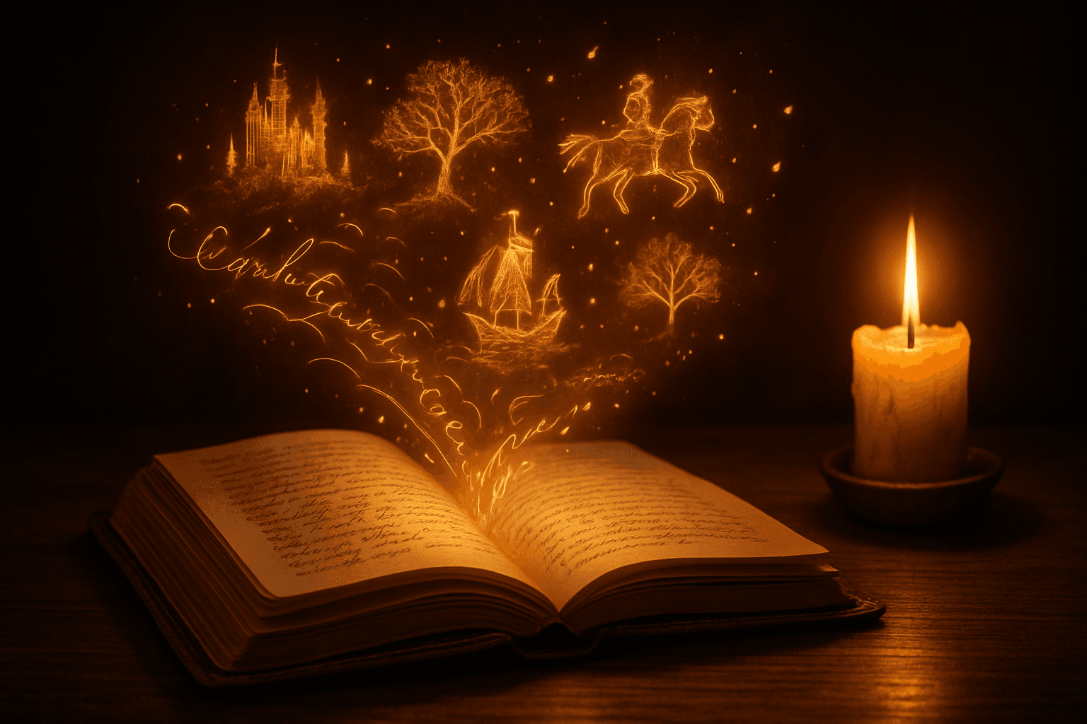 Glowing journal with golden script text floating off the pages into the air