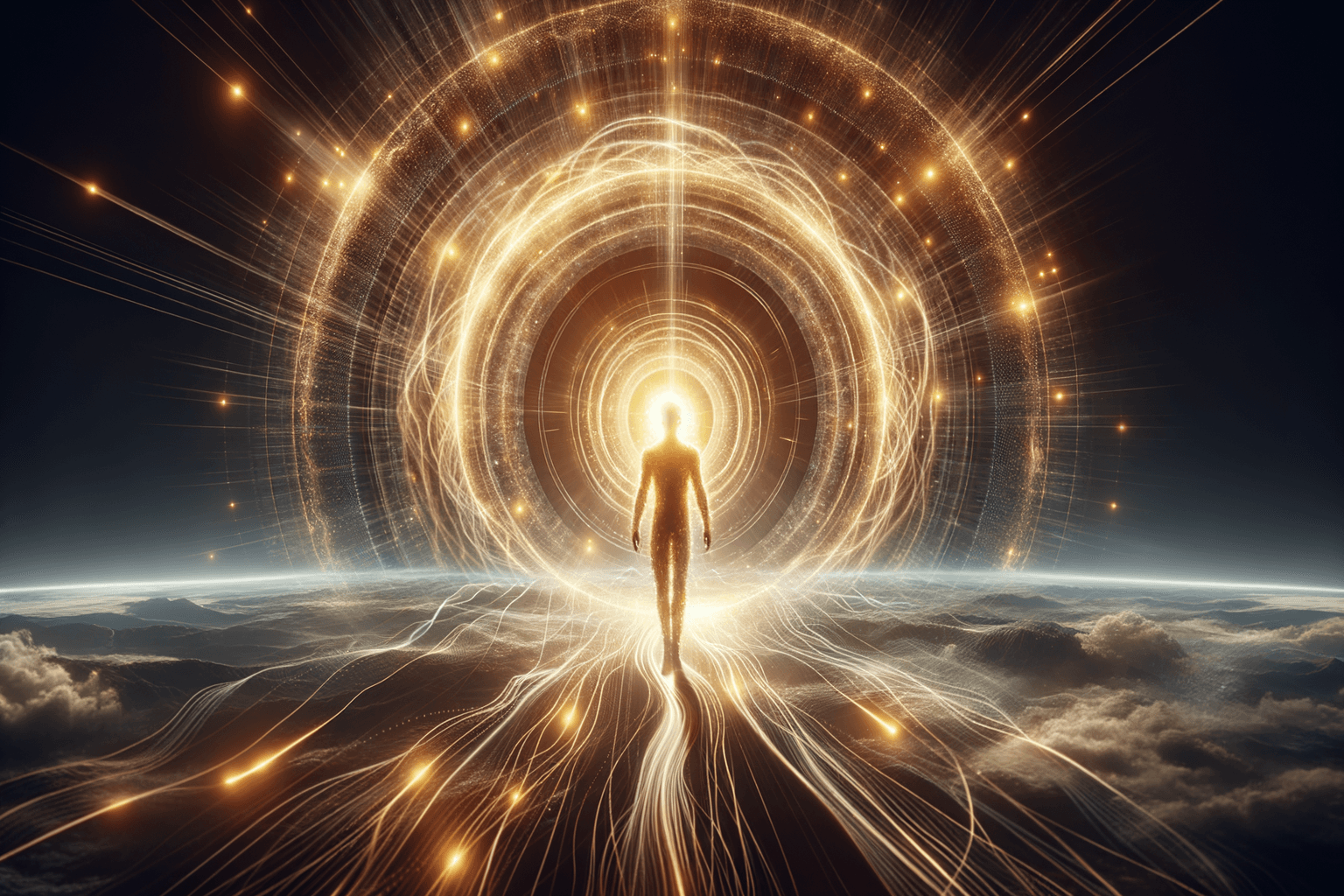 Radiant figure surrounded by golden light representing expanded self-concept and identity