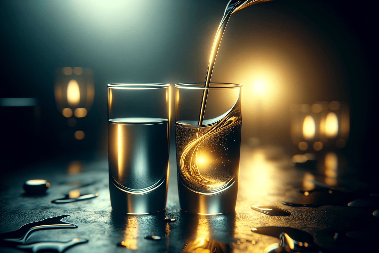 Two glass cups with golden light pouring between them representing a reality shift