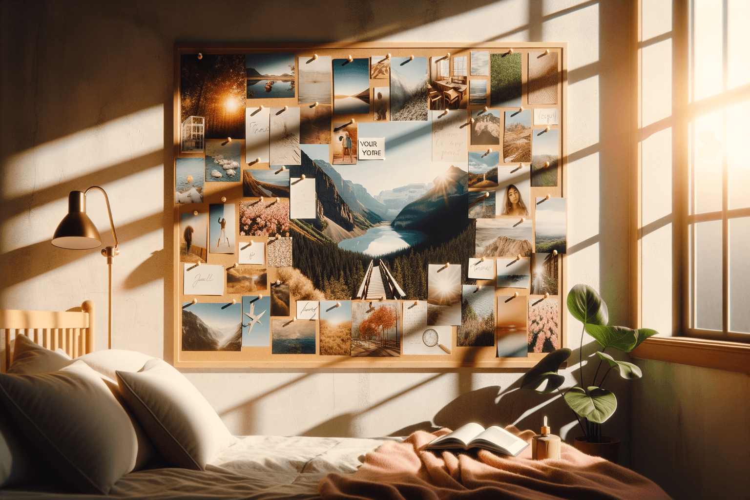 Beautiful collage of aspirational images on a vision board glowing with golden warm light