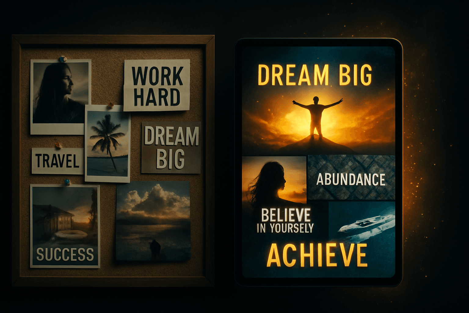 Comparison between a static vision board and a dynamic AI-generated mind movie