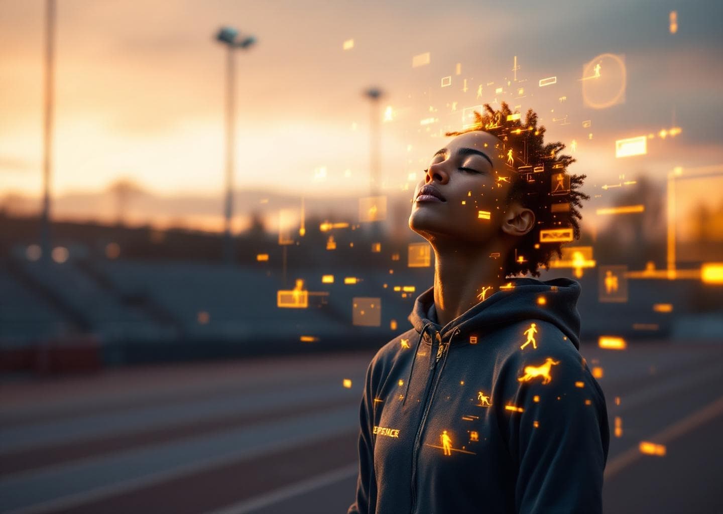 Athlete in focused visualization with neural pathway imagery overlaid
