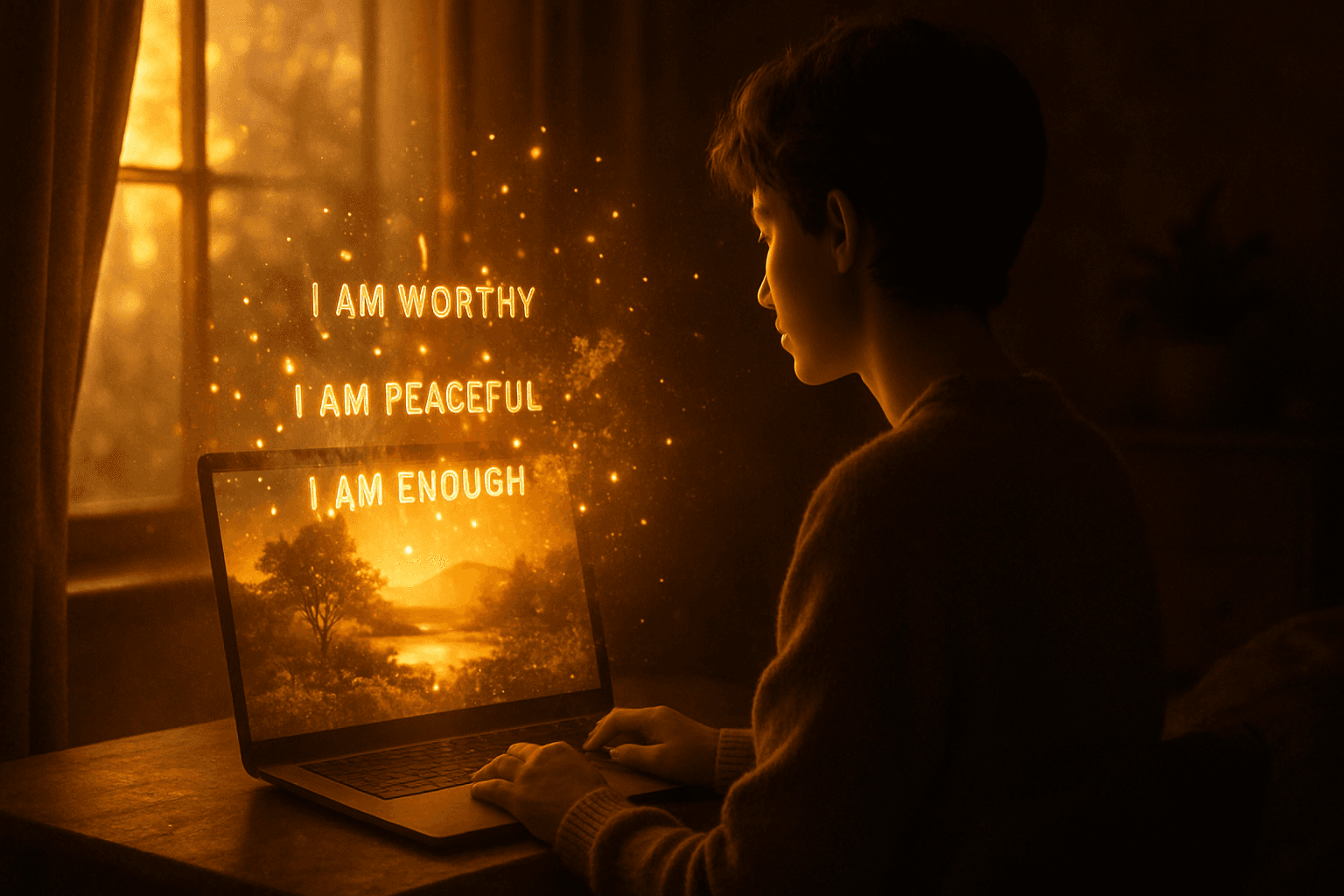 Laptop screen showing a mind movie template with golden light and affirmation slides