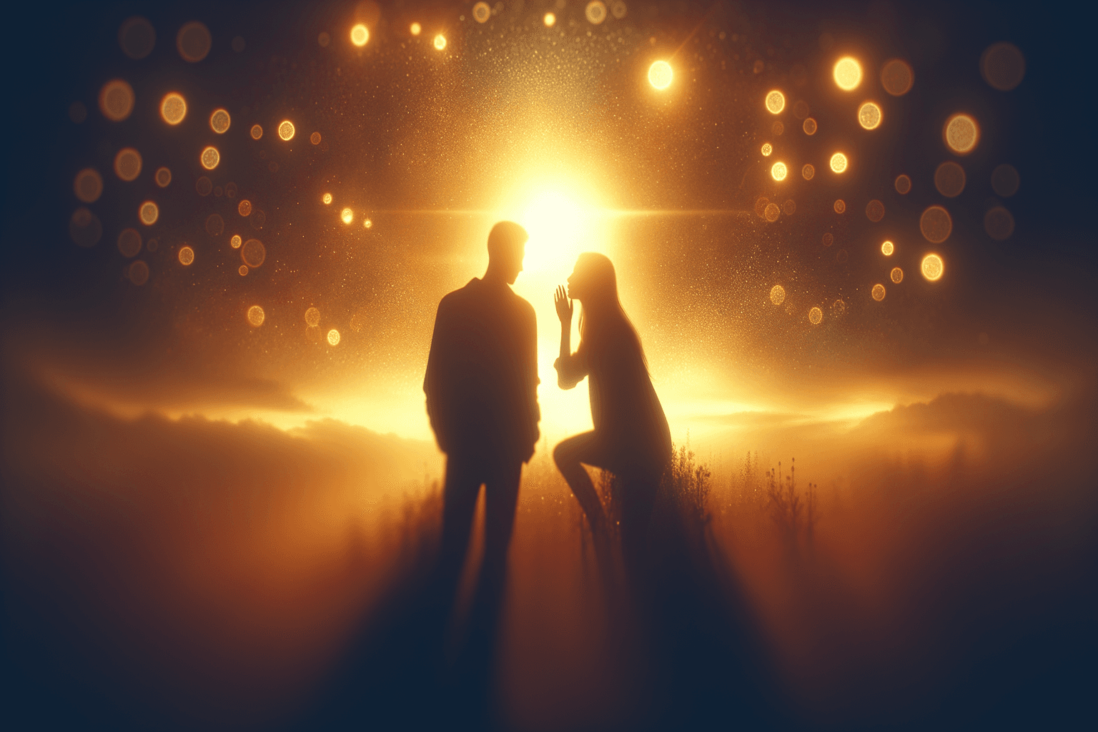 Golden light flowing between two silhouettes representing the whisper method energy transfer