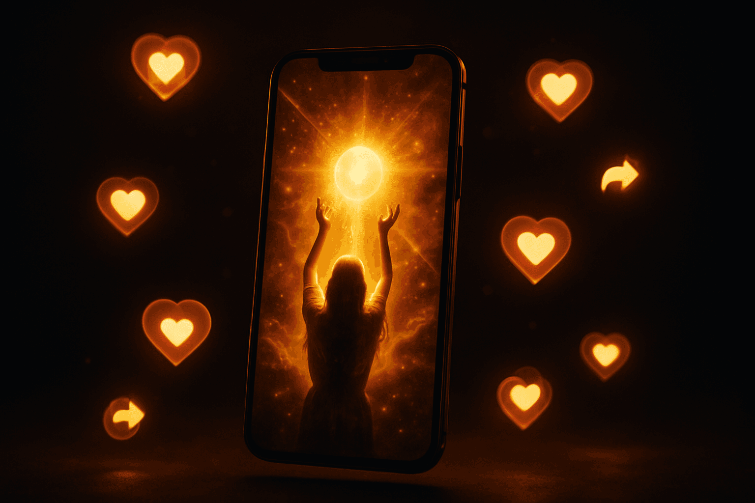 Smartphone showing a glowing manifestation video on TikTok with golden particles and hearts floating around it
