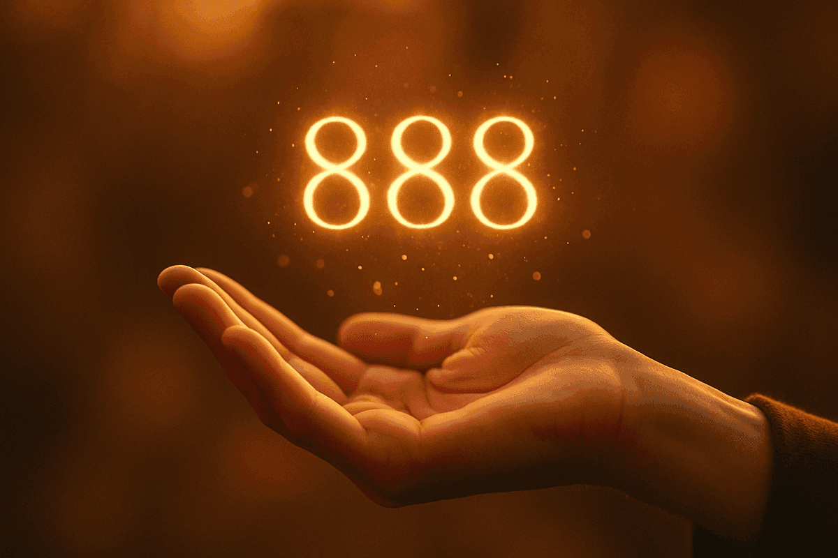 The number 888 glowing in warm gold above an open palm, a sign of abundance coming in