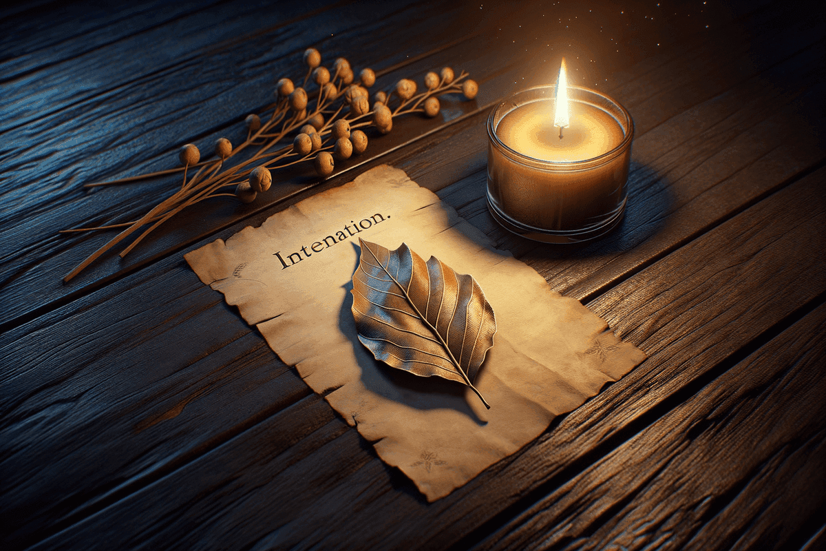A green bay leaf with golden writing on it held above a small flame with glowing smoke rising
